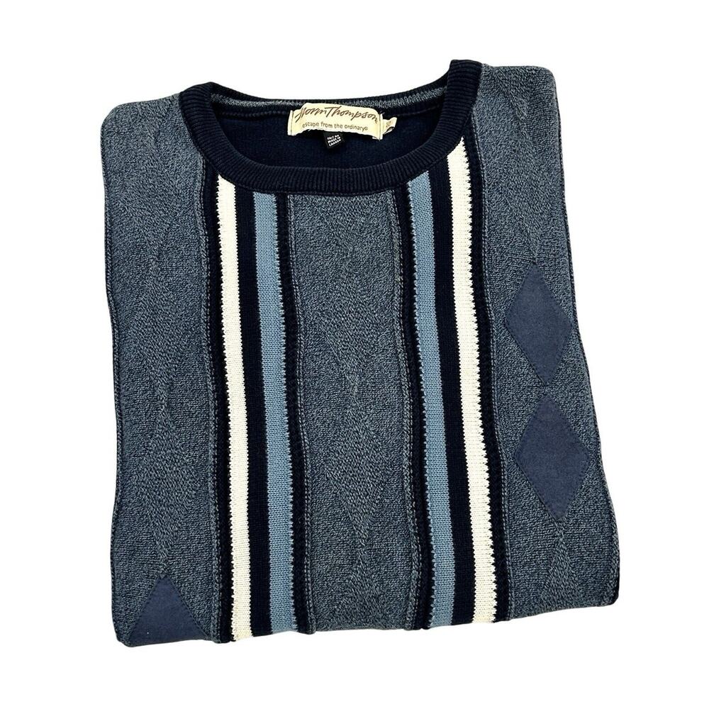 Norm Thompson Knit Sweater Mens Size L Blue Vertical Striped Crew Neck Vintage